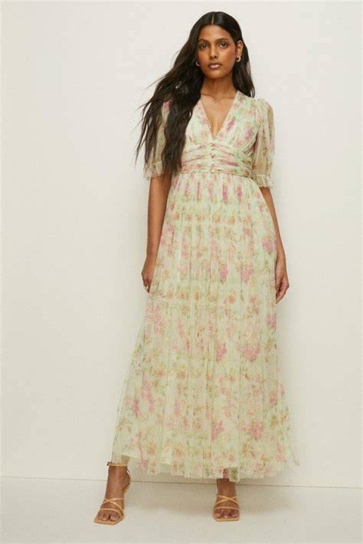 Floral Button Detail Mesh Maxi Dress Floral Button Detail Mesh Maxi Dress