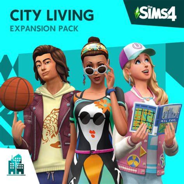 Sims 4 City Living Artwork. Three sims are stood to the left of the image. The character on the far left is wearing basketball clothes and holding a basketball. The one in the center is wearing chic clothes and sunglasses. The one on the right is wearing a cap and jacket while reading a guidebook 
