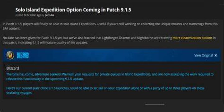 Solo Island Expeditions Announced For Patch 9.1.5