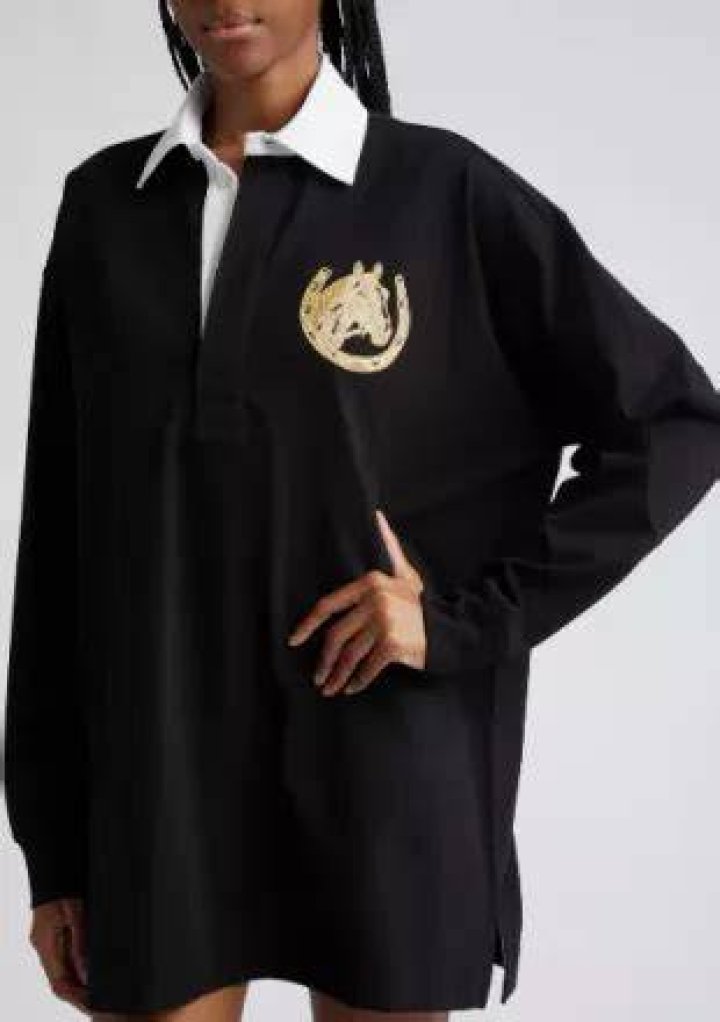 Stella McCartney Oversize Metallic Embroidered Detail Cotton Rugby Shirt in 1000 Black at Nordstrom, Size X-Large