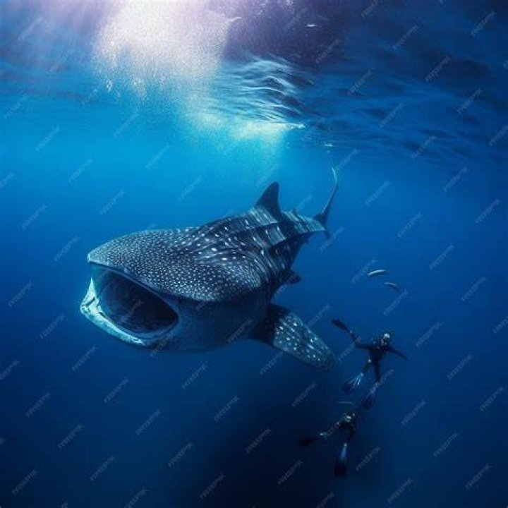 Whale shark swims next to volunteer divers after they removed an abandoned fishing net in a protected area of Ko Losin
